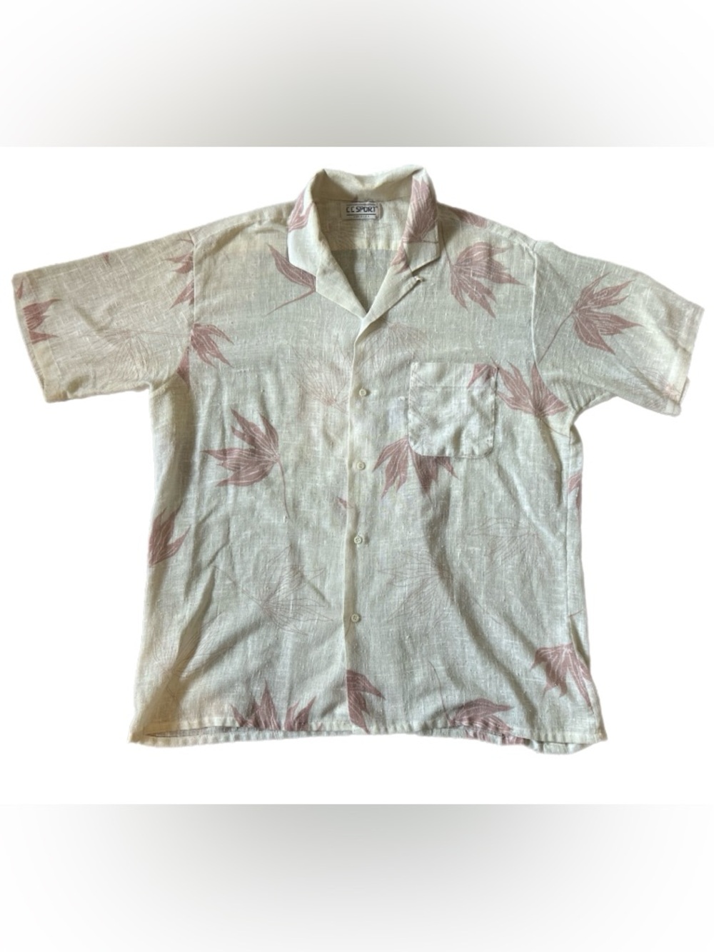 Short-Sleeve Cream Button-Down Shirt with Pink Leaf Print by CC Sport